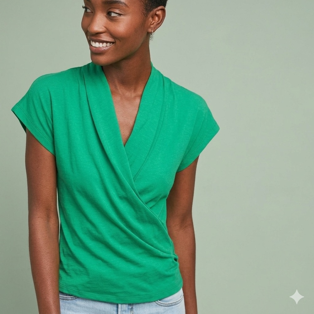 Anthropologie Maeve Green Wrap Cotton Blouse Top